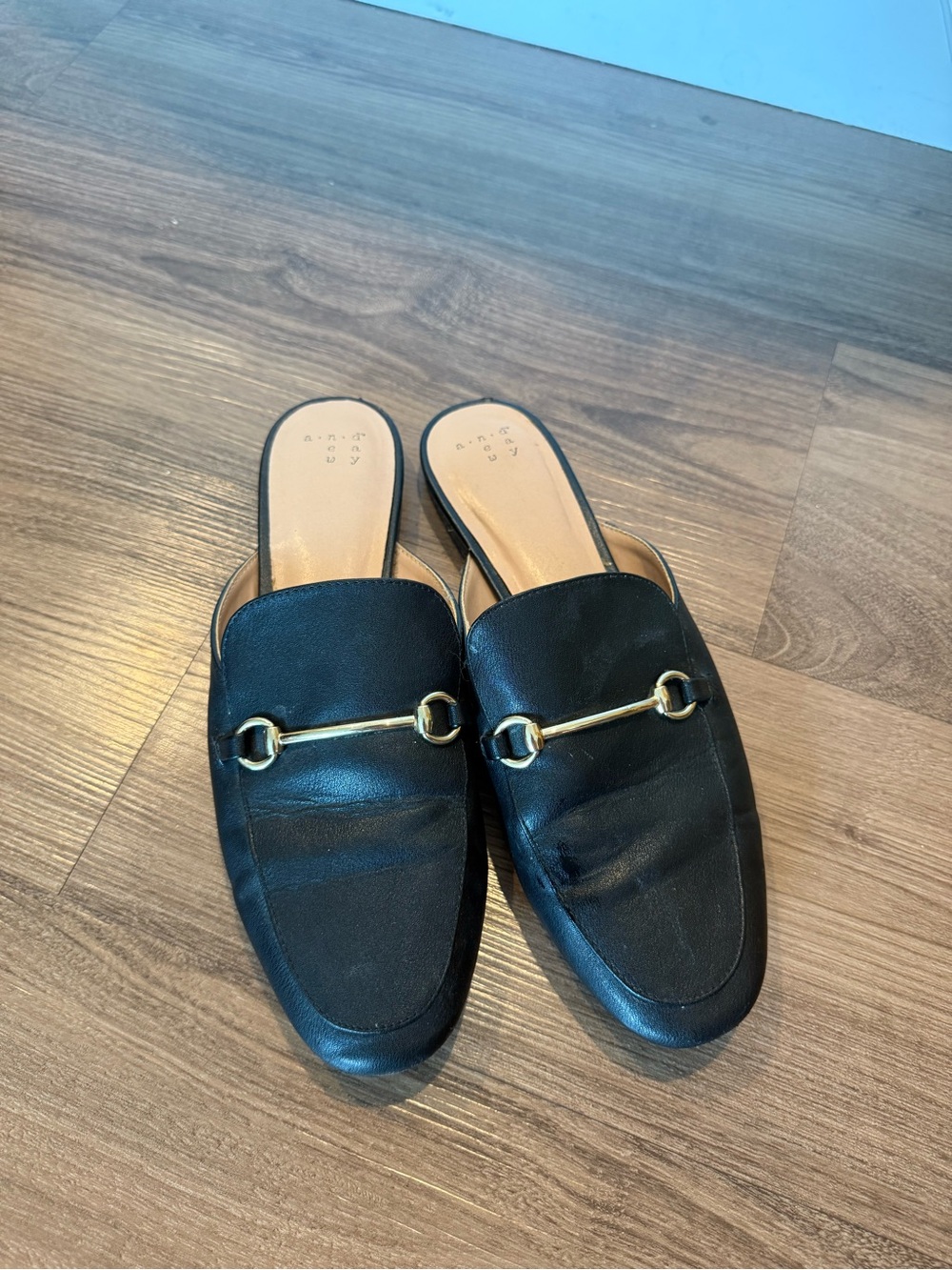 a new day Black Leather Backless Mules with Gold Bit
